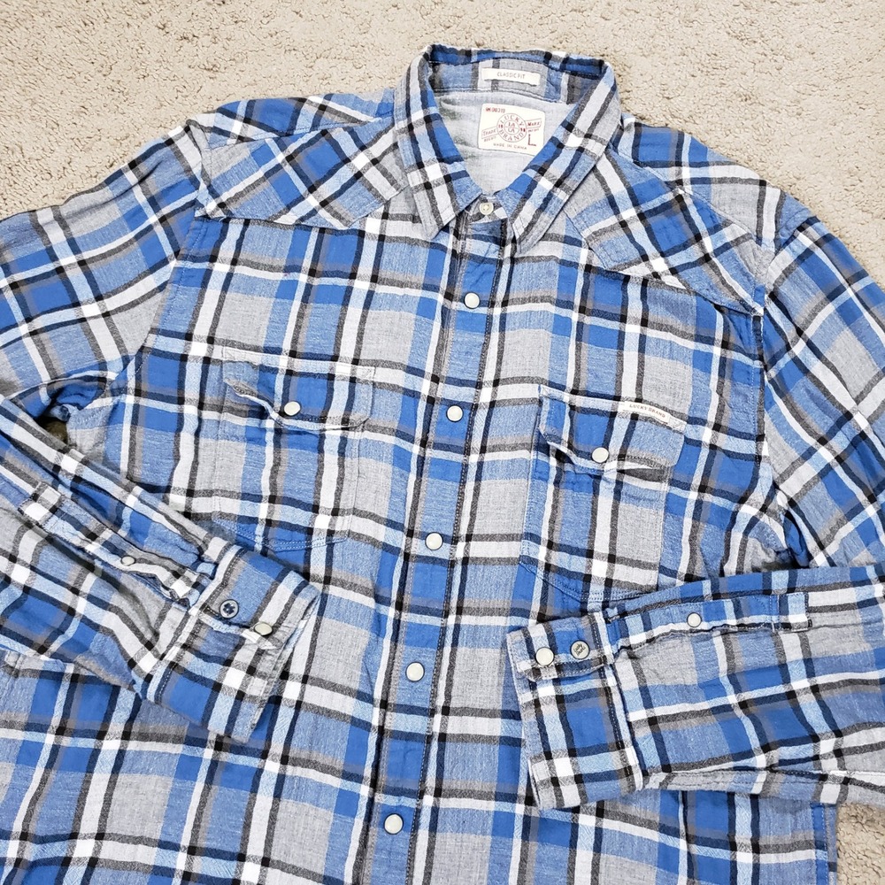 Lucky Brand Mens Blue Plaid Western Pearl Snap Flannel Shirt Classic Fit Large
